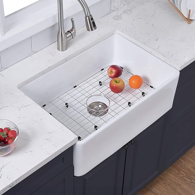 24 x 16 Inch Apron-Front White Porcelain Ceramic Fireclay Kitchen Farmhouse sink, Single Basin Country Barn Small Farm Sinks Combo with Bottom Grid & Drain Strainer