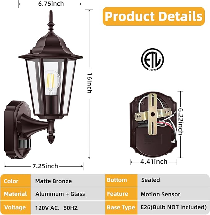 Lamomo 2 Pack Motion Sensor Outdoor Lights, Upgrade Dusk to Dawn Bronze Outdoor Light Fixture Wall Mounted, 100% Anti-Rust Aluminum Waterproof Porch Lights for Patio Front Door Garage