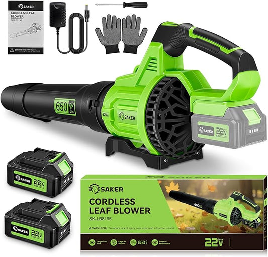 Saker Cordless Leaf Blower 650CFM 22V Electric Blowers with 2x5.0Ah Batteries 3-Speed Lightweight Blowers for Lawn Care, Yard Cleaning, Blowing Leaves, Dust, Snow Green SK-LB650