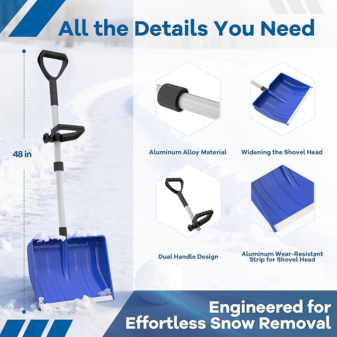 48 Inch Snow Shovel for Driveway Car Garage, Snow Removal with D-Grip Handle Aluminum Strip, Ergonomic Heavy Duty Snow Shovel for Home Garden Outdoor, Blue