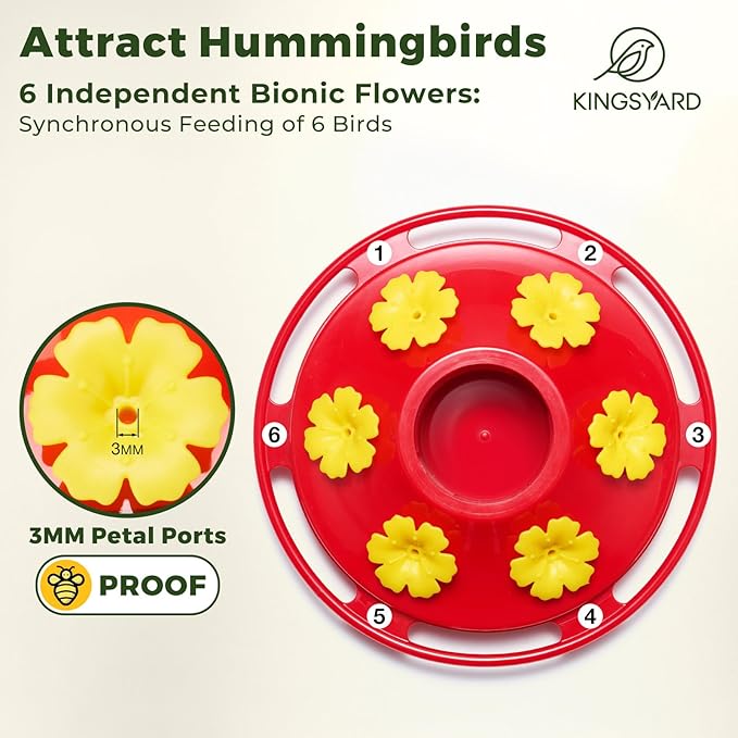 Kingsyard 2 Pack Glass Hummingbird Feeder for Outdoors Hanging - 6 Bee Guard Feeding Ports & Built-in Ant Moat, Wild Bird Feeder for Outside Garden Yard Patio 14 Oz, Updated Red