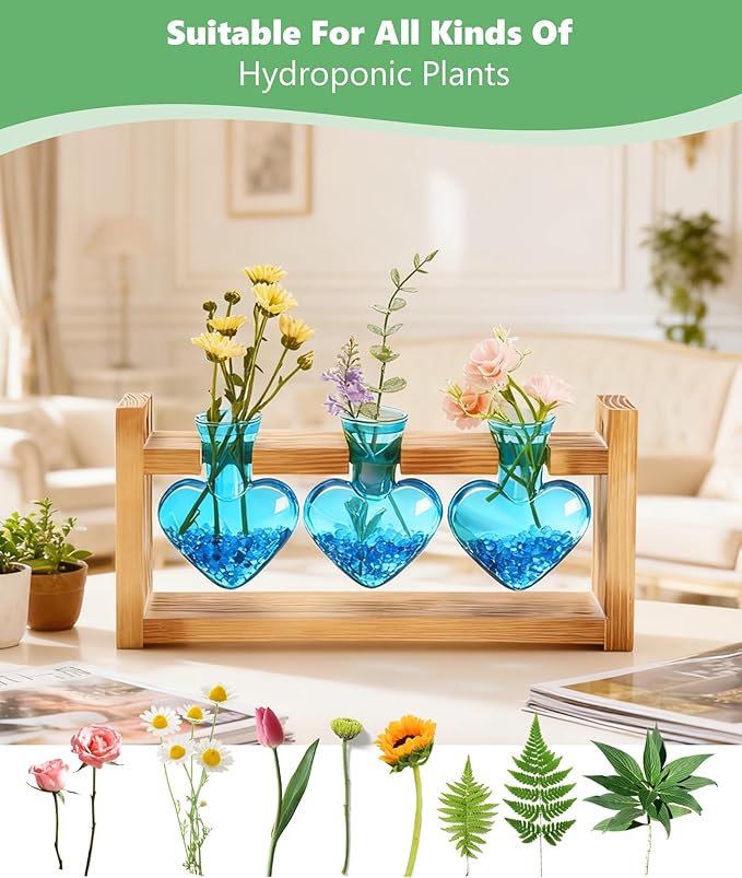 Nacome Plant Terrarium for Office Decor: Birthday Gifts for Plant Lovers Women Mom Wife - Wooden Stand Tabletop Planter 3 Bulb Glass Vase Heart Shaped for Hydroponics Indoor Home