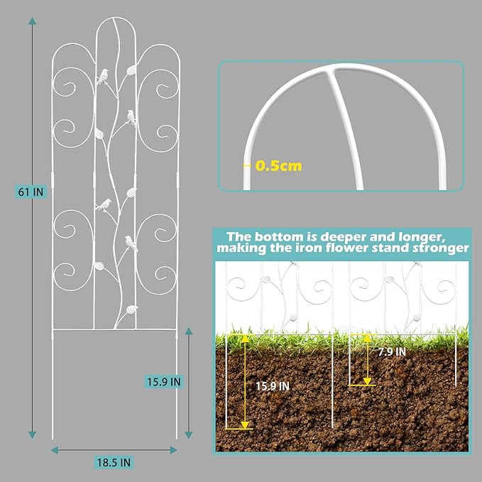 2 Pack Metal Garden Trellis for Climbing Plants Outdoor 61''x 18.5" Rose Flower Support Rustproof Sturdy Leaves Garden Trellis for Vegetables Trellis for Potted Plants - White