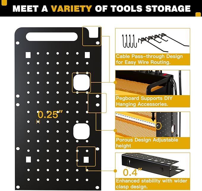 Power Tool Organizer Wall Mount with Charging Station, 8 Drill Holder, 4 Layer Storage Rack for Garage Organization, Tool Holder with 8 Outlet Power Strip (Yellow)