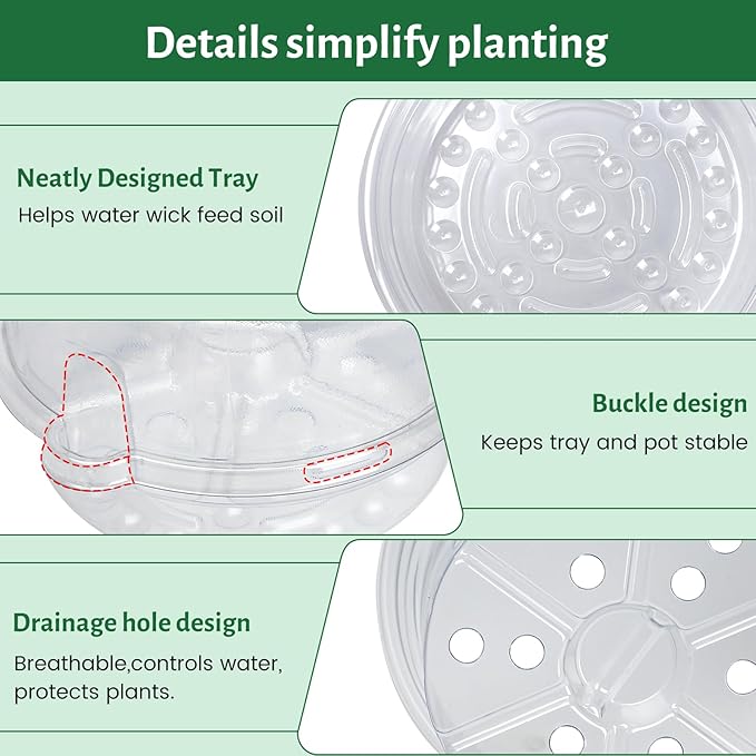 20 Pack 5 Inch Clear Self Watering Plant Pots with Bottom Water Tray & Watering Rope, Transparent Nursery Pots with Drainage for Seedlings, Herbs, and Houseplants
