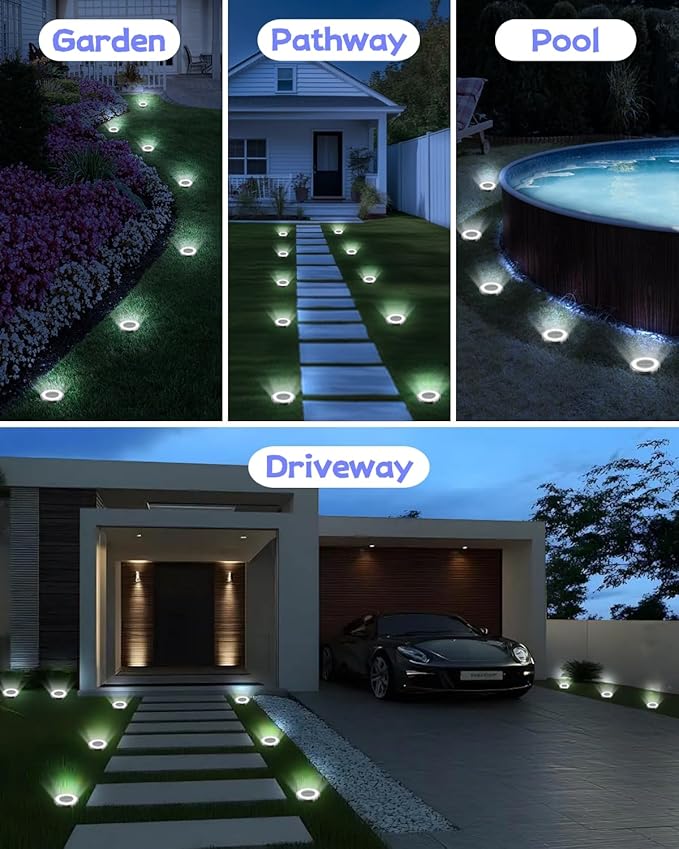 Mini Solar Ground Lights 16 Pack Outdoor IP65 Waterproof Solar Flat Garden Light Solor Powered Disc Pathway Lights for Outside Walkway Yard Landscape Patio Lawn Driveway-Cool White
