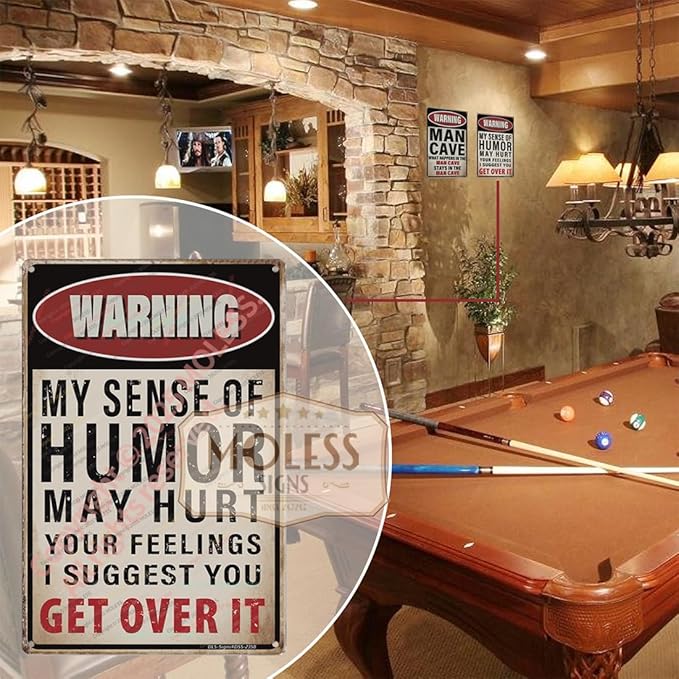 Funny Man Cave Decor for Men | 12x8″ Durable Vintage Metal Man Cave Signs Wall Decorations for Basement/Garage/Mancave, 'Warning: My Sense of Humor May Hurt Your Feelings', 2358