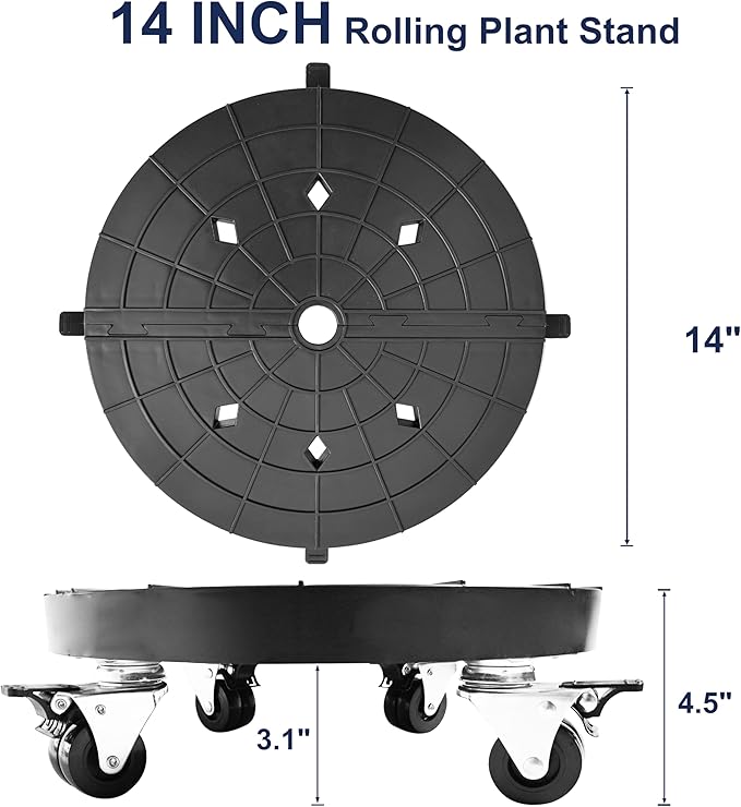 14 Inch Plant Caddy with Wheels Outdoor Indoor, Rolling Plant Stand for 400lb Heavy Duty Flower Pots, Round Plant Rollers Lockable Potted Planter Dolly, Black