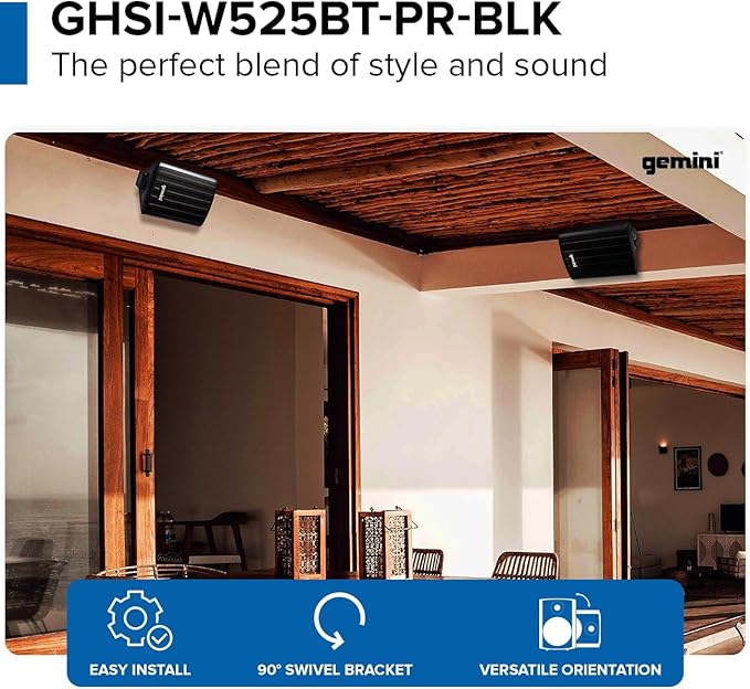 Gemini Sound GHSI-W525BT 5.25" Outdoor Bluetooth Speakers IP44 Waterproof Wired Powered Wall Mount Pair with Aluminum Grills, Patio Ready, Daisy-Chain Up to 16 Speakers, Balanced Stereo Audio (Black)