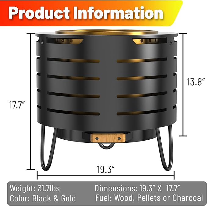 Portable Outdoor Fire Pit Set, 19 Inch Stainless Steel, Silver, Classic Style, Wood Burning, Low Smoke, Includes Fire Poker, Stand, Cloth Cover, Grill Rack