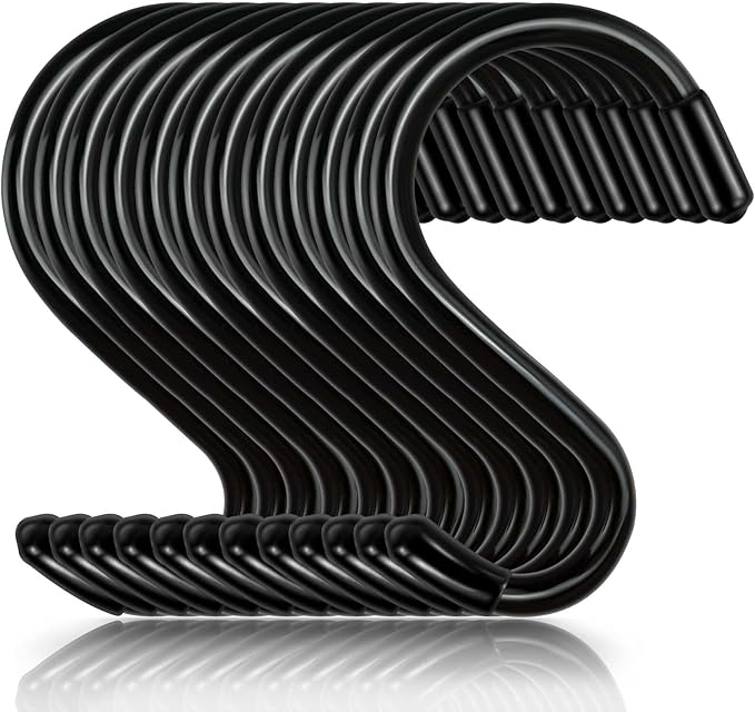 3 Inch 12 Pack Small S Hooks,Heavy Duty S Hook for Hanging Plants,Vinyl Coated Non Slip Black S Hook Pot Rack Closet Hooks for Hanging Clothes, Kitchen Utensil, Pots, Pans, Bags ﻿