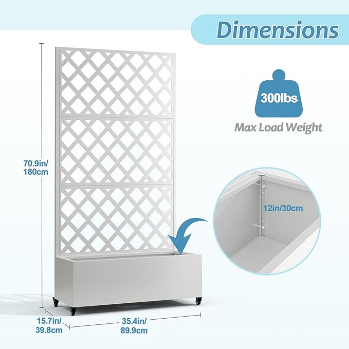 Metal Planter Box with Trellis & Wheels, Raised Garden Bed with Privacy Screen, Outdoor Standing Flower Beds with Drainage Hole for Climbing Plants, Vine, 35.4" L x 15.7" W x 70.9" H, White