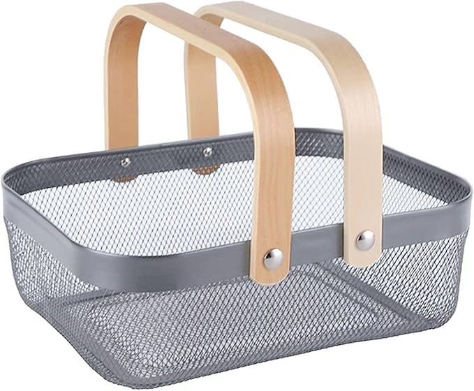 Metal Mesh Steel Basket, Storage Organizer Basket Garden Harvest Basket Multi-functional Kitchen Fruit Baskets Bin with Wooden Handle for Bathroom Picnic Shopping Decor Cabinet Home, Grey
