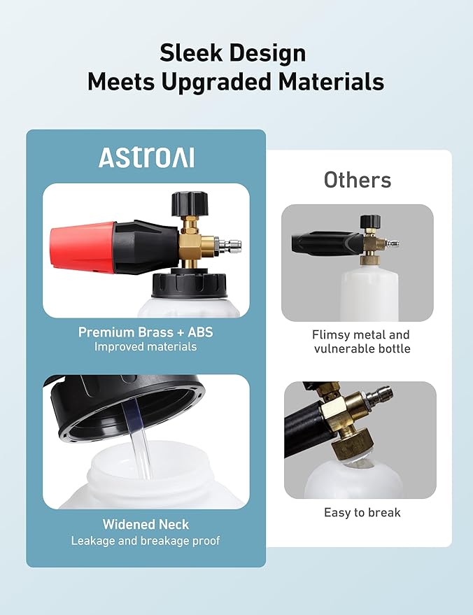 AstroAI Foam Cannon, Heavy Duty Car Foam Blaster Wide Neck Adjustable Snow Foam Lance and Thick Foam for Pressure Washer with 1/4" Quick Connector,1L Bottle