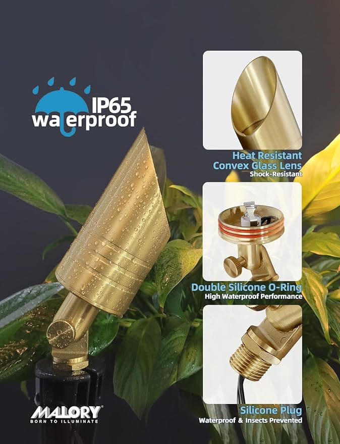 MALORY Brass Landscape Spotlight,12V AC/DC Low Voltage LED Landscape Lighting,Waterproof Spot Up Light for Garden,Patio and Yard (4-Pack with Bulb)