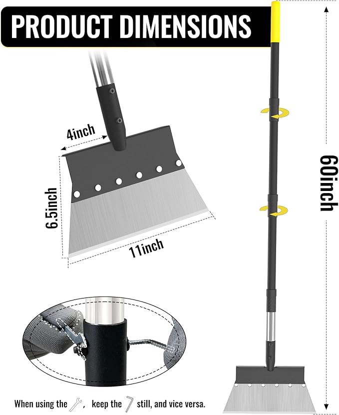 Flat Shovel, 60 inch Ice Scraper, Snow Shovel, Floor Scraper with Adjustable Long Handle, Heavy Duty Ice Chopper, Multifunctional Weed Removal Tool for Driveway, Walkway, Garden and Outdoor Cleaning