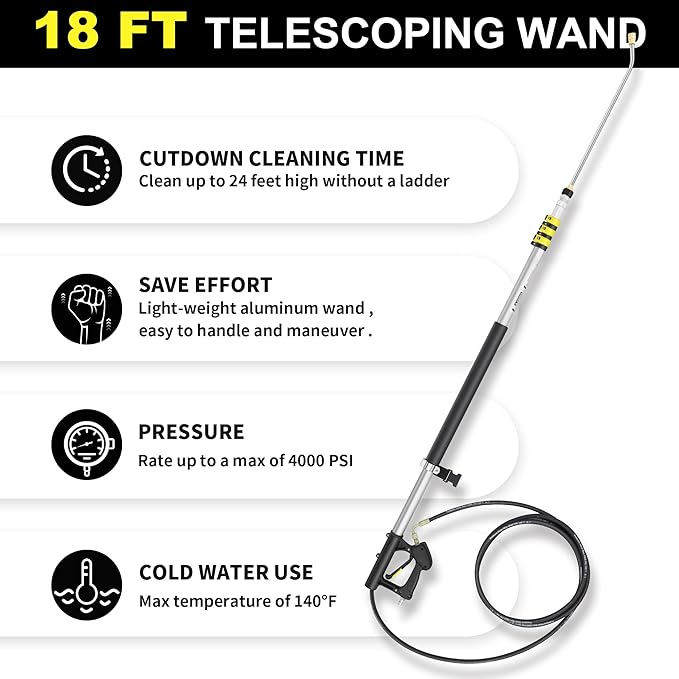 18FT Telescoping Pressure Washer Wand, Pressure Washer Extension Wands, Power Washer Gutter Cleaner with 5 Spray Nozzle Tips, 2 Hose Adapters