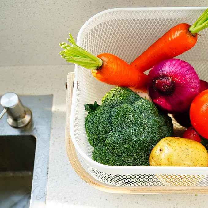 Metal Mesh Steel Harvest Basket, Square Wire Garden Basket with Handle – Multi-Functional Storage Organizer for Gathering Vegetables, Fruits, Kitchen, Garden, Picnic & Cabinet (Yellow)