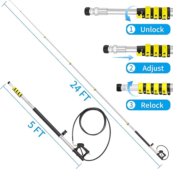 24 FT Telescoping Pressure Washer Wand Extension, Aluminum Power Washer Extension Wand with 7 Nozzle Tips, 3 Adapters & Support Harness, Gutter Cleaning Tools for 2 Story House