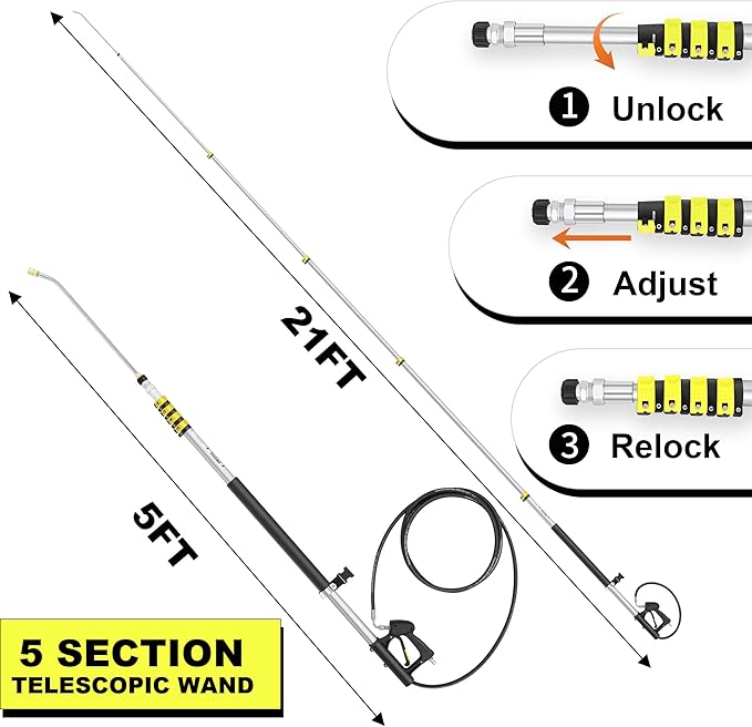 21FT Telescoping Pressure Washer Wand, Pressure Washer Extension Wands, Power Washer Gutter Cleaner with 5 Spray Nozzle Tips, 2 Hose Adapters