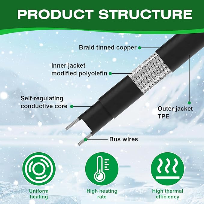 100FT Heat Tape for Water Pipes, -40°F Anti-Freeze De-Icing Heating Tape, Pipe Insulation Heating Cable for Insulation/Roof Snow Removal, Gutter Heating Cable, Heated Water Hose 120V 5W/ft