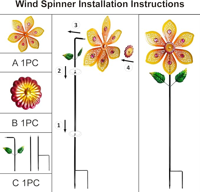 Metal Wind Spinners for Garden Decor Outdoor Windmill Sculptures, Durable Yard Art Wind Spinners Metal Wind Spinner for Patio Lawn Ornament (Bright Orange Flowers)