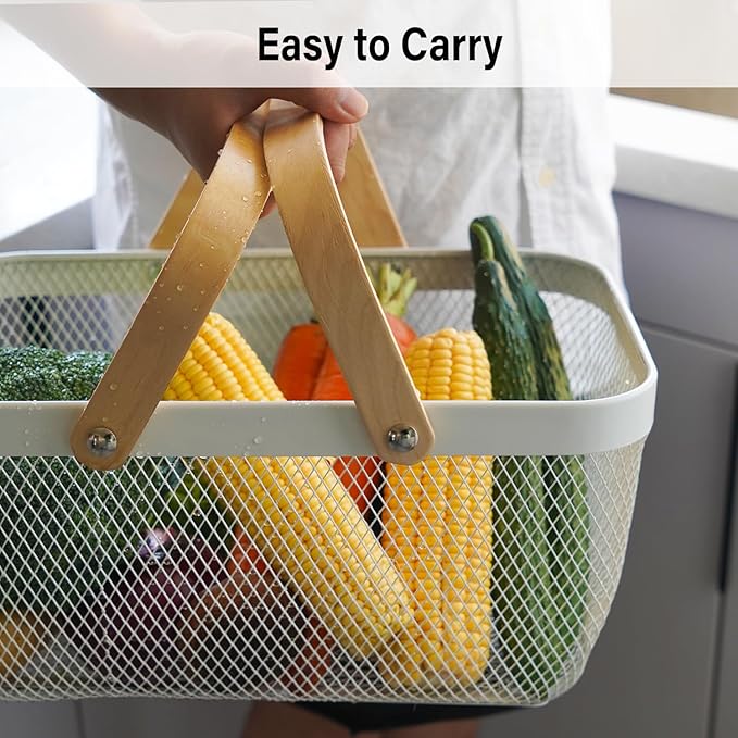 Metal Mesh Steel Harvest Basket, Rectangle Wire Garden Basket with Handle – Multi-Functional Storage Organizer for Gathering Vegetables, Fruits, Kitchen, Garden, Picnic & Cabinet (Blue)