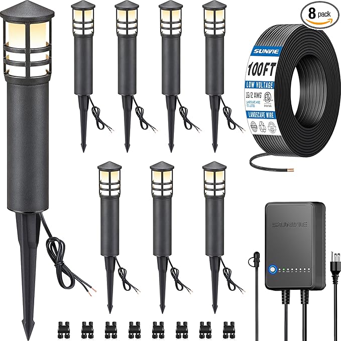 SUNVIE All-in-One LED Landscape Lighting Kit, 8-Pack Low Voltage Pathway Lights with Transformer and 100FT 16/2 AWG Wire, 3000K Waterproof Landscape Lights with Connectors for Walkway Garden Yard