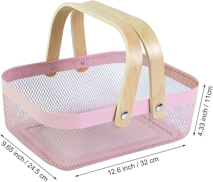 Metal Mesh Steel Basket, Storage Organizer Basket Garden Harvest Basket Multi-functional Kitchen Fruit Baskets Bin with Wooden Handle for Bathroom Picnic Shopping Decor Cabinet Home, Pink