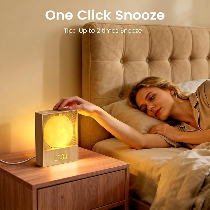 Sunrise Alarm Clock, 360-Degree Rotating Moonlight & 10 White Noise Sounds, Dual Alarm & Snooze for Heavy Sleeper, Timer, Wooden Bedroom Light Gift - Wood