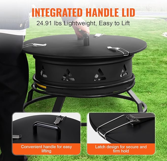 VEVOR Propane Fire Pit, 24-Inch Diameter Outdoor Portable Gas Fire Pit with Cover & Lava Rocks, Adjustable Flame Height Camping Firepit for Heating, Lighting, Gathering, 58,000 BTU, Black