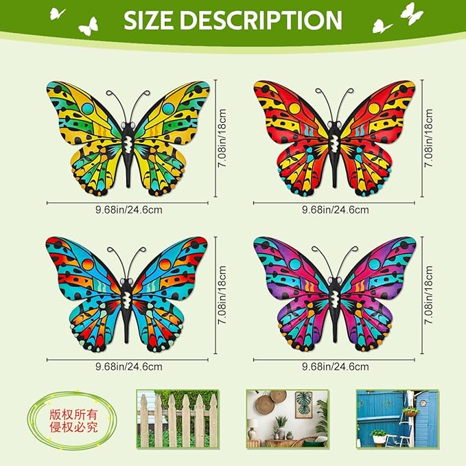 Metal Butterfly Wall Decor - 9.6" Outdoor Fence Wall Art Decor, Hanging for Garden Yard Living Room Bedroom Patio Balcony,Gift for Family Friends(4 Pack)