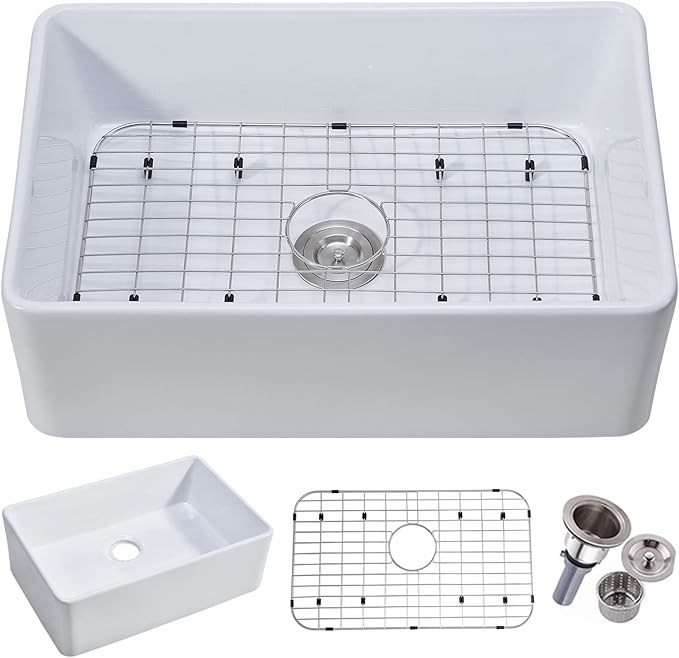 24 x 16 Inch Apron-Front White Porcelain Ceramic Fireclay Kitchen Farmhouse sink, Single Basin Country Barn Small Farm Sinks Combo with Bottom Grid & Drain Strainer