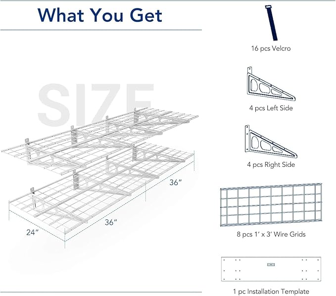 FLEXIMOUNTS 2-Pack 2x6ft Garage Shelving with Hooks 24-inch-by-72-inch Wall Shelf Garage Storage Rack Floating Shelves, White
