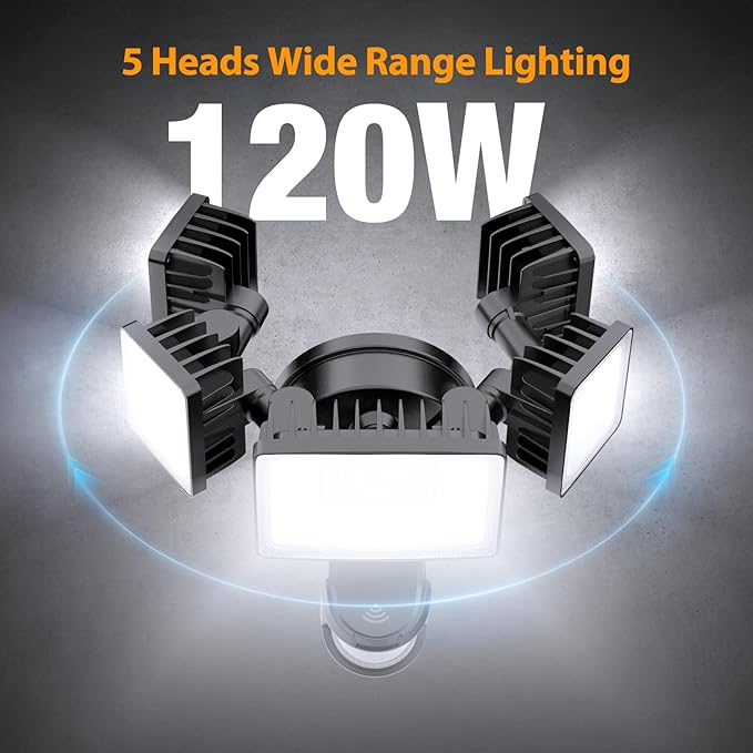 Onforu 5 Heads 120W Smart LED Security Lights Motion Sensor Outdoor, 340° Illumination WiFi Alexa Flood Light 12000LM APP Control, 2700K-6500K Exterior Motion Detector, IP65 Wall Light for Yard, Balck