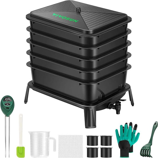 VIVOSUN 5-Layer Worm Compost Bin, 50L Worm Composter, Easy Setup Inclusive Worm Farm Kit for Recycling Food Waste