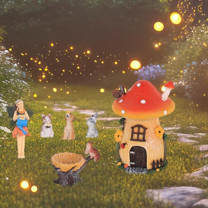 MEETYAMOR Miniature Fairy Garden Accessories, 6 PCS Mushroom House Kit with Mini Resin Animals, Whimsical Ornaments Outdoor Figurines Yard Art Garden Decor for Outside