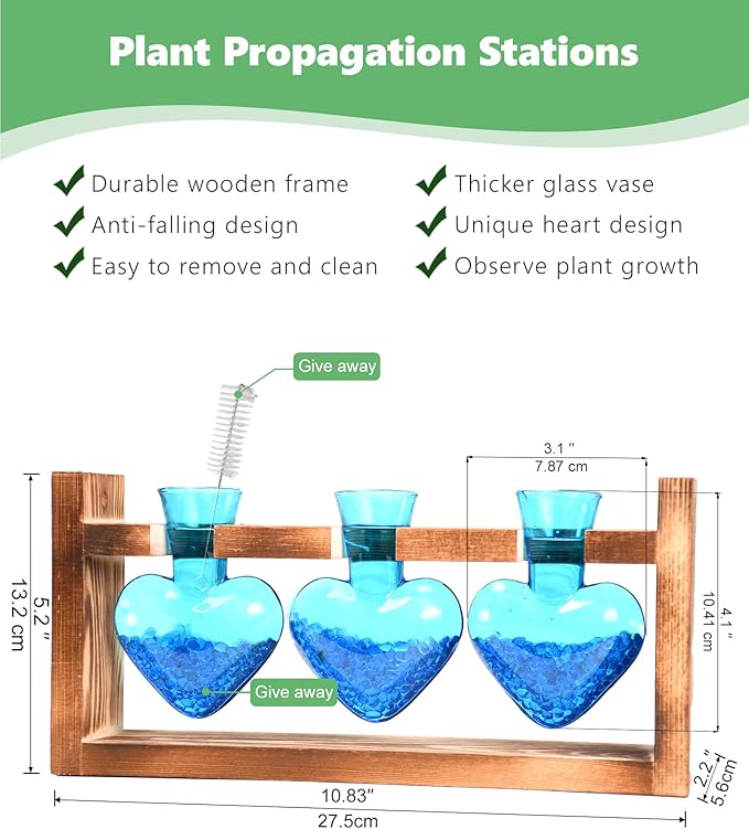 Nacome Plant Terrarium for Office Decor: Birthday Gifts for Plant Lovers Women Mom Wife - Wooden Stand Tabletop Planter 3 Bulb Glass Vase Heart Shaped for Hydroponics Indoor Home