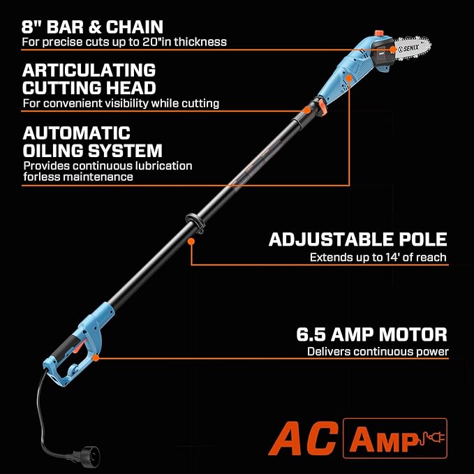 SENIX CSPE6.5-M 6.5 Amp Corded Electric Pole Saw with 8-Inch Oregon Bar and Chain, Chain Saw Tree Trimmer with Adjustable Extension Pole, Shoulder Strap Included
