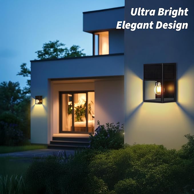 Outdoor Solar Wall Lights, Exterior Waterproof Lanterns, Stainless-Steel & Tempered Glass Shades, Modern Matte Black Porch Wall Sconce for Front Door Entryway, Yard, Warm White 2Pk