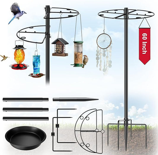 Bird Feeder Pole - 60 inch Height Bird Feeding Stand with Semicircular Hook for Hummingbird Suet Feeder, 1-Inch Dia Heavy Duty for Outdoor Hanging, Add-on Birdbath Bowl, Slip-Fit Connection