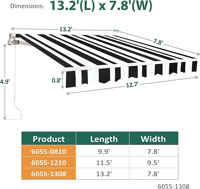 MCombo 13.2x7.8 Feet Manual Retractable Patio Door Window Awning Sunshade Shelter Outdoor Canopy,1308 (White with Black Stripes, 13.2'(L) x 7.8'(W))