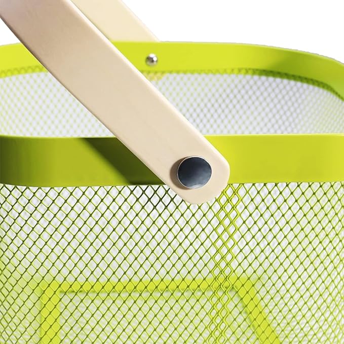 Metal Mesh Steel Basket, Storage Organizer Basket Multi-functional Hanging Kitchen Baskets Fruit Basket with Wooden Handle for Kitchen Bathroom Picnic Shopping Decor Cabinet Home, Macaron Green