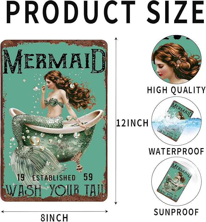 Metal Signs Mermaid Wash Your Tail Retro Tin Sign for Home Office Kitchen Bar Cafe Garden Wall Decor 12x8 Inch