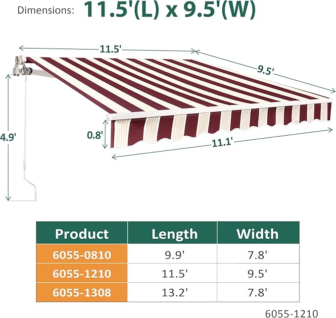 MCombo 11.5x9.5 Feet Manual Retractable Patio Door Window Awning Sunshade Shelter Outdoor Canopy,1210 (Brick Red with Beige Stripes, 11.5'(L) x 9.5'(W))