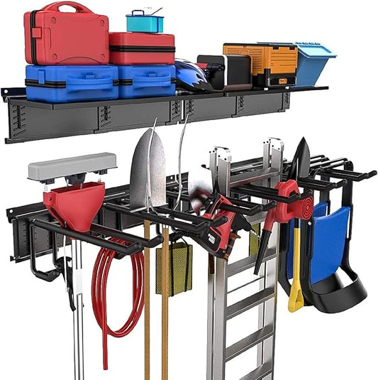 TORACK Garage Storage Organizer Systems, Wall Mount Overhead shelving, 48 inch Heavy Duty Steel Tool Racks, 6-Pack 12'' Double Hooks, 48 inch by 7 inch Floating Shelves, up to 1200Ibs