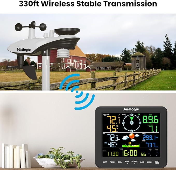 Sainlogic SA8 Home Weather Station with Rain Gauge and Wind Speed, Weather Stations Wireless Indoor Outdoor with Rain Gauge Outdoor, Forecast, Temperature, Humidity, Moon Phase, Alarm Clock(No WiFi)