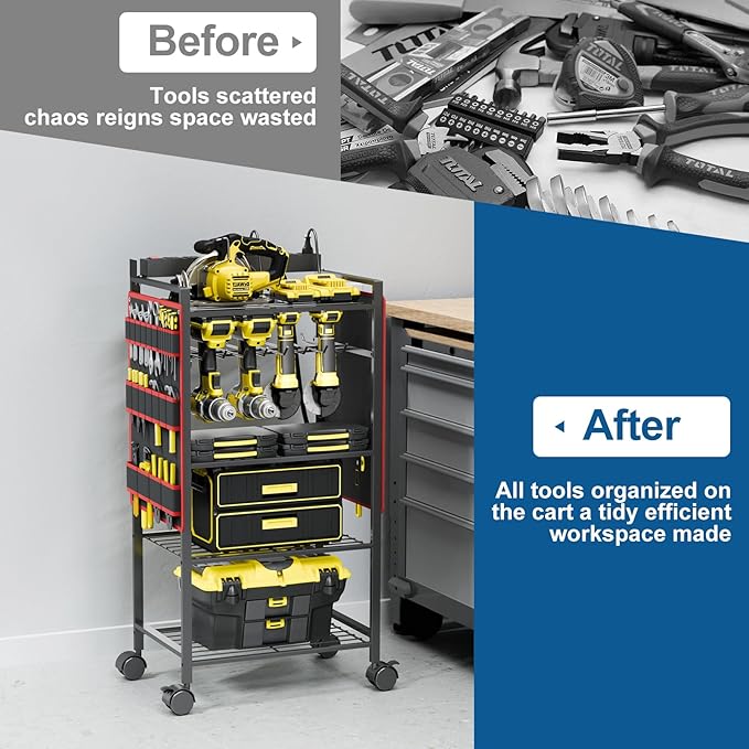 5-Tier Power Tool Organizer Cart with Charging Station - 8 AC Outlets, 300 lbs Heavy Duty Utility Rack, Rolling Drill Holder & Tool Storage Cart on Wheels for Garage, Workshop, Gift for Men