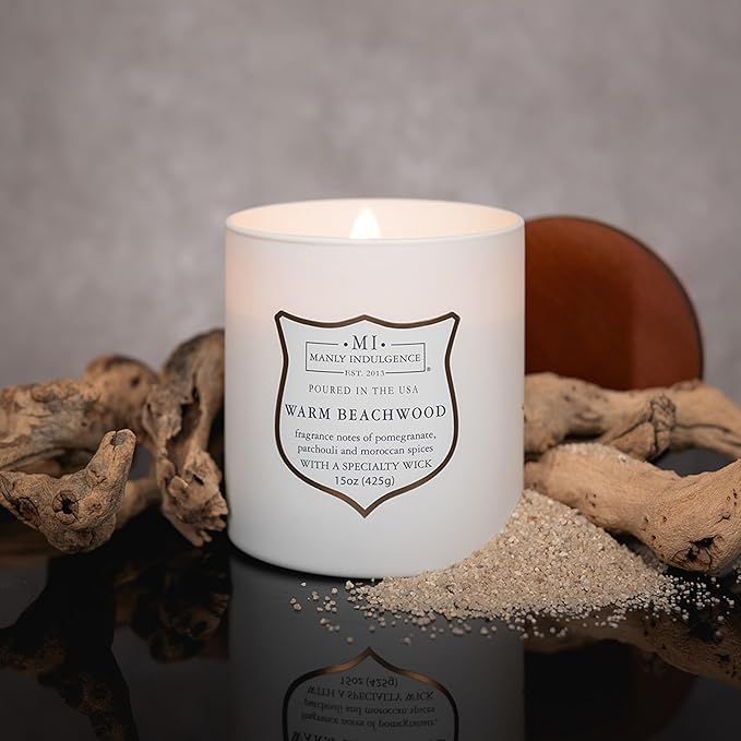 Manly Indulgence Warm Beachwood Scented Candles for Men, 15 oz Wooden Wick, Premium Soy Blend Wax, 60H Burn, Candles for Home Scented - Made in The USA