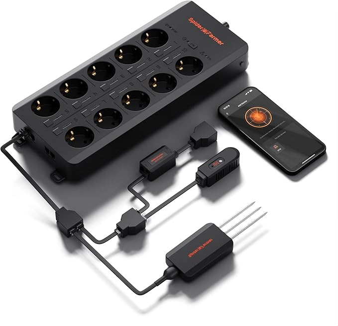 Spider Farmer GGS AC10 Power Strip Kits, 10 AC Smart APP-Based Controls Outlets, 3 in 1 Soil Sensor, Temp Humid Light Sensor, for Indoor Grow Tent Plants Room